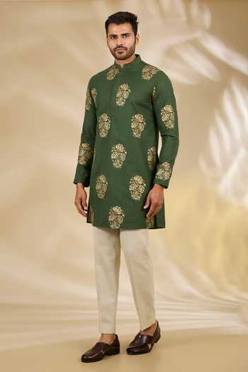 Shop_Manish Nagdeo_Green Silk Floral Print Bundi And Kurta Set _Online_at_Aza_Fashions