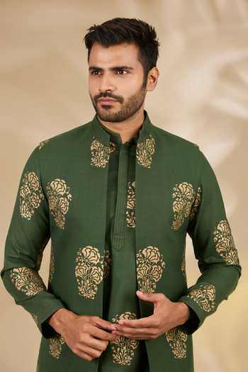 Manish Nagdeo_Green Silk Floral Print Bundi And Kurta Set _at_Aza_Fashions