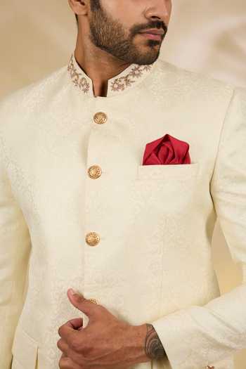 Manish Nagdeo_Ivory Viscose, Brocade Embroidery Placement Bandhgala Set _Online_at_Aza_Fashions