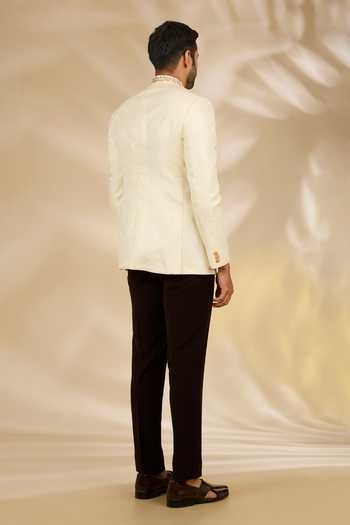 Shop_Manish Nagdeo_Ivory Viscose, Brocade Embroidery Placement Bandhgala Set _at_Aza_Fashions