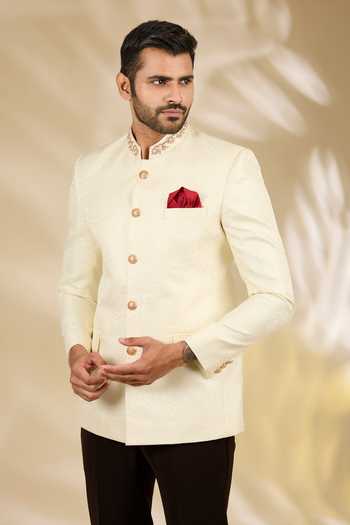 Shop_Manish Nagdeo_Ivory Viscose, Brocade Embroidery Placement Bandhgala Set _Online_at_Aza_Fashions