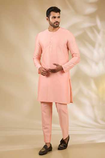 Manish Nagdeo_Peach Silk, Cotton Embroidery, Sequins Bandhgala And Kurta Set _Online_at_Aza_Fashions