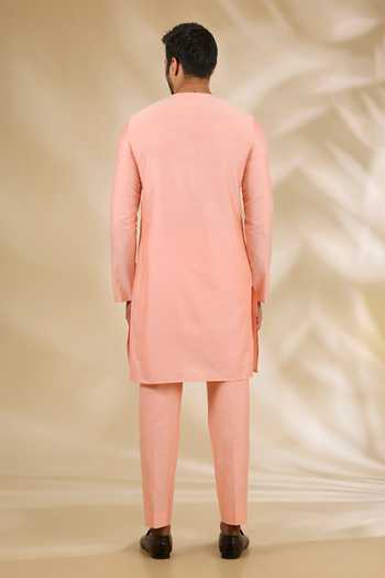 Shop_Manish Nagdeo_Peach Silk, Cotton Embroidery, Sequins Bandhgala And Kurta Set _Online_at_Aza_Fashions