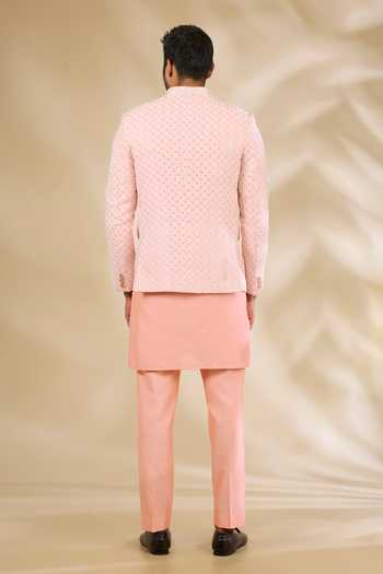 Shop_Manish Nagdeo_Peach Silk, Cotton Embroidery, Sequins Bandhgala And Kurta Set _at_Aza_Fashions