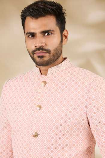 Manish Nagdeo_Peach Silk, Cotton Embroidery, Sequins Bandhgala And Kurta Set _at_Aza_Fashions