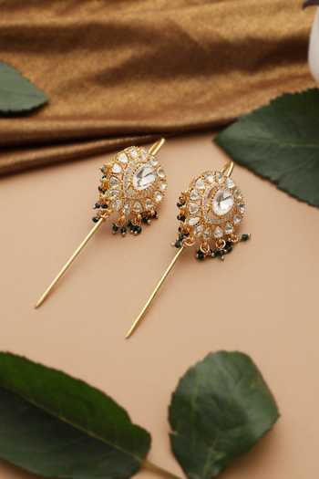 Swabhimann_Green Beads, Stones Polki Embellished Ear Cuffs _Online_at_Aza_Fashions