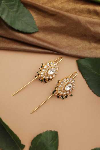 Shop_Swabhimann_Green Beads, Stones Polki Embellished Ear Cuffs _at_Aza_Fashions