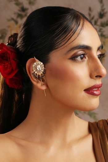 Buy_Swabhimann_Green Beads, Stones Polki Embellished Ear Cuffs _Online_at_Aza_Fashions
