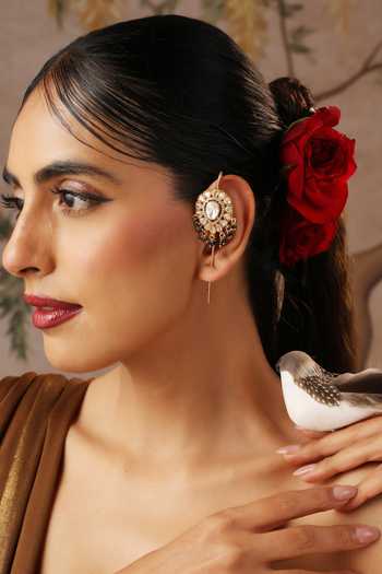 Shop_Swabhimann_Green Beads, Stones Polki Embellished Ear Cuffs _Online_at_Aza_Fashions