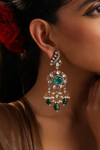 Buy_Swabhimann_Green Pearls, Stones Emerald Polki Dangler Earrings _at_Aza_Fashions