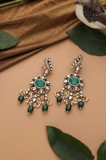 Shop_Swabhimann_Green Pearls, Stones Emerald Polki Dangler Earrings _at_Aza_Fashions