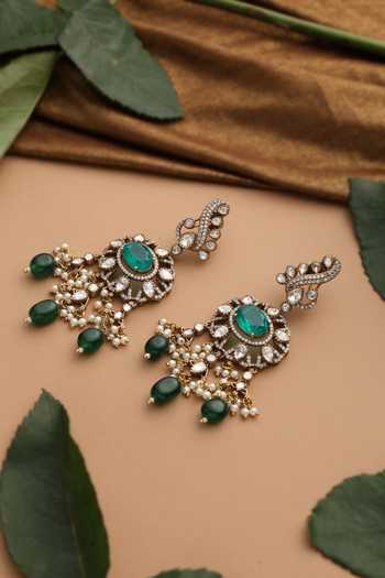 Shop_Swabhimann_Green Pearls, Stones Emerald Polki Dangler Earrings _Online_at_Aza_Fashions