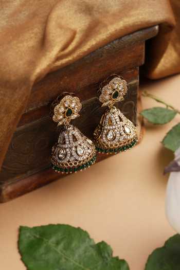 Shop_Swabhimann_Green Beads, Stones Polki Studded Jhumka Earrings _at_Aza_Fashions