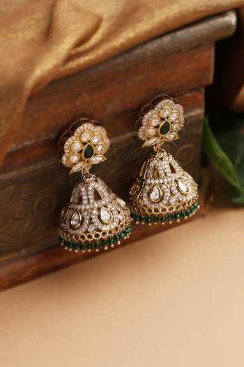 Swabhimann_Green Beads, Stones Polki Studded Jhumka Earrings _Online_at_Aza_Fashions
