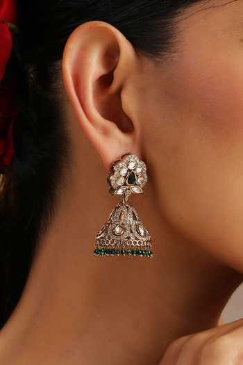 Buy_Swabhimann_Green Beads, Stones Polki Studded Jhumka Earrings _at_Aza_Fashions