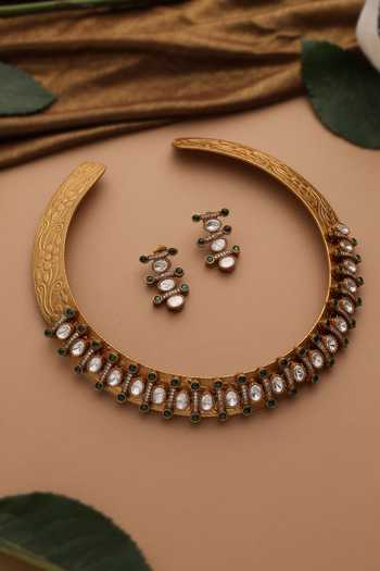 Shop_Swabhimann_Green Stones Emerald Polki Carved Hasli Necklace And Earrings Set_at_Aza_Fashions