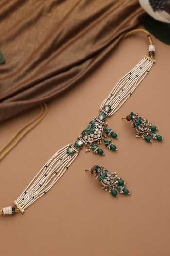 Swabhimann_Green Beads, Pearls, Stones Studded Polki Choker Necklace Set _Online_at_Aza_Fashions