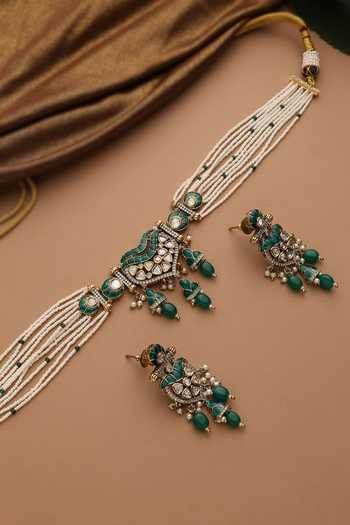Shop_Swabhimann_Green Beads, Pearls, Stones Studded Polki Choker Necklace Set _at_Aza_Fashions