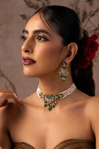 Shop_Swabhimann_Green Beads, Pearls, Stones Studded Polki Choker Necklace Set _Online_at_Aza_Fashions
