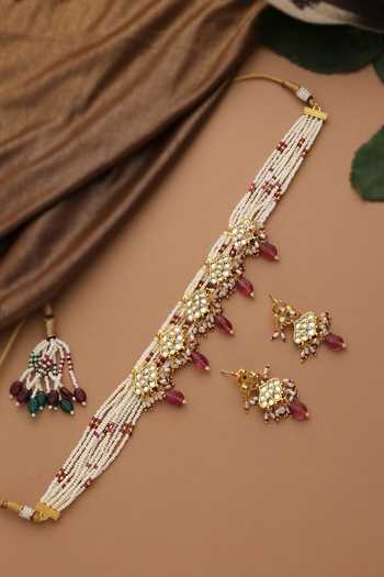 Shop_Swabhimann_Red Beads, Pearls, Stones Polki Embellished Necklace And Earrings Set _at_Aza_Fashions