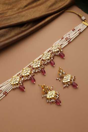 Swabhimann_Red Beads, Pearls, Stones Polki Embellished Necklace And Earrings Set _Online_at_Aza_Fashions
