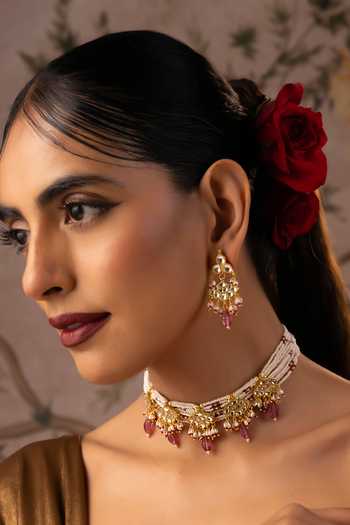 Buy_Swabhimann_Red Beads, Pearls, Stones Polki Embellished Necklace And Earrings Set _Online_at_Aza_Fashions