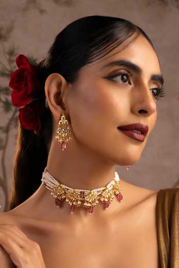 Shop_Swabhimann_Red Beads, Pearls, Stones Polki Embellished Necklace And Earrings Set _Online_at_Aza_Fashions