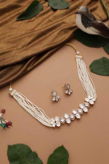 Shop_Swabhimann_White Pearls, Stones Embellished Polki Choker Necklace Set _at_Aza_Fashions