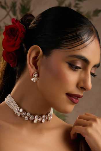 Swabhimann_White Pearls, Stones Embellished Polki Choker Necklace Set _Online_at_Aza_Fashions