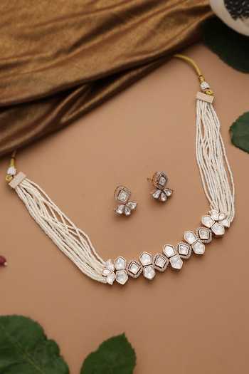 Buy_Swabhimann_White Pearls, Stones Embellished Polki Choker Necklace Set _Online_at_Aza_Fashions