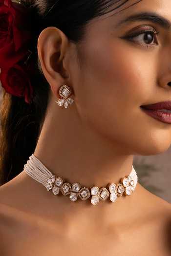 Buy_Swabhimann_White Pearls, Stones Embellished Polki Choker Necklace Set _at_Aza_Fashions