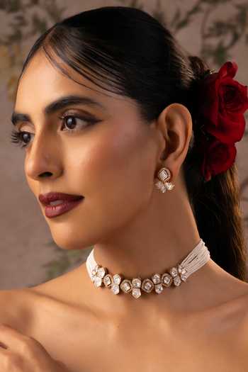 Shop_Swabhimann_White Pearls, Stones Embellished Polki Choker Necklace Set _Online_at_Aza_Fashions