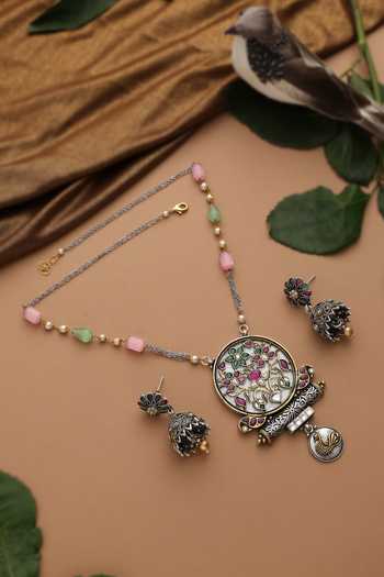 Shop_Swabhimann_Multi Color Beads, Stones Carved Studded Pendant Necklace Set _at_Aza_Fashions