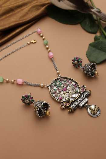 Swabhimann_Multi Color Beads, Stones Carved Studded Pendant Necklace Set _Online_at_Aza_Fashions