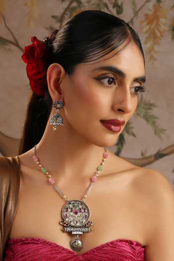 Buy_Swabhimann_Multi Color Beads, Stones Carved Studded Pendant Necklace Set _Online_at_Aza_Fashions