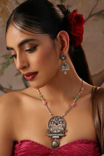 Shop_Swabhimann_Multi Color Beads, Stones Carved Studded Pendant Necklace Set _Online_at_Aza_Fashions
