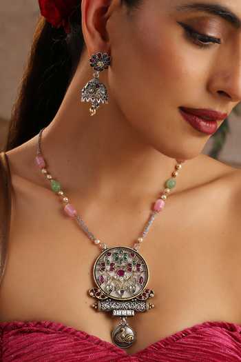 Buy_Swabhimann_Multi Color Beads, Stones Carved Studded Pendant Necklace Set _at_Aza_Fashions