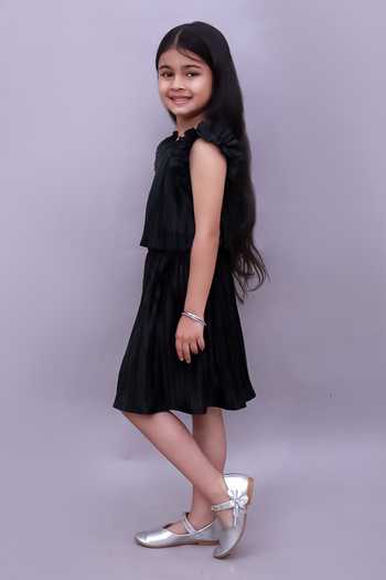 Lil Drama_Black Polyester, Knit Ruffle Sleeve Top And Skirt Set _Online_at_Aza_Fashions