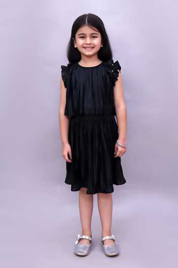 Buy_Lil Drama_Black Polyester, Knit Ruffle Sleeve Top And Skirt Set _at_Aza_Fashions