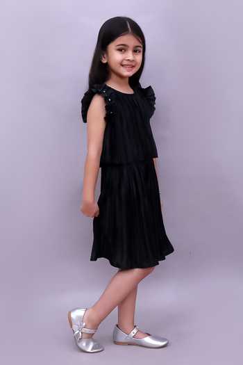 Shop_Lil Drama_Black Polyester, Knit Ruffle Sleeve Top And Skirt Set _Online_at_Aza_Fashions