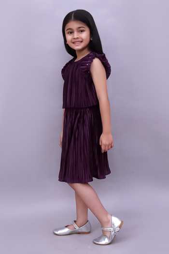 Lil Drama_Wine Polyester, Knit Pleated Top And Skirt Set _Online_at_Aza_Fashions