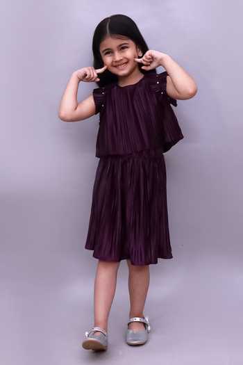 Buy_Lil Drama_Wine Polyester, Knit Pleated Top And Skirt Set _at_Aza_Fashions