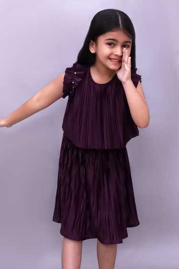 Buy_Lil Drama_Wine Polyester, Knit Pleated Top And Skirt Set _Online_at_Aza_Fashions