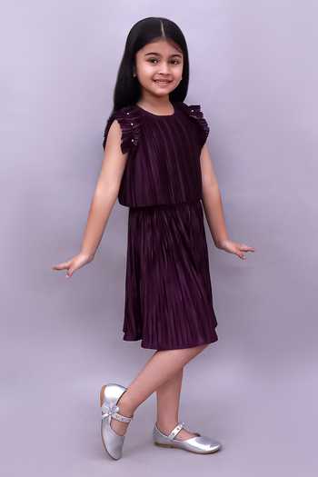 Lil Drama_Wine Polyester, Knit Pleated Top And Skirt Set _at_Aza_Fashions