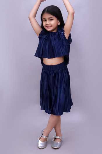 Buy_Lil Drama_Navy Polyester, Knit Ruffle Sleeve Top And Skirt Set _Online_at_Aza_Fashions