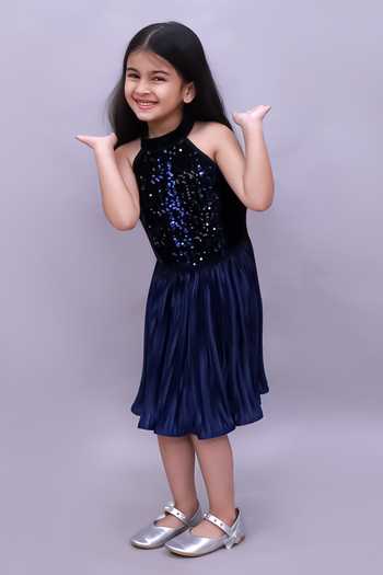 Lil Drama_Blue Knit, Polyester Sequins Top With Skirt _Online_at_Aza_Fashions