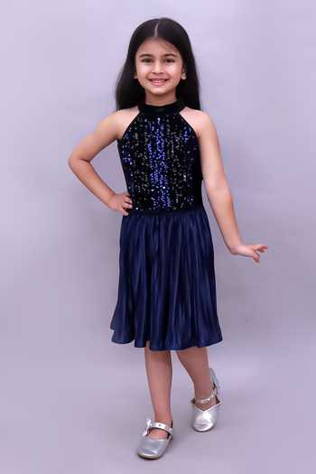 Buy_Lil Drama_Blue Knit, Polyester Sequins Top With Skirt _at_Aza_Fashions