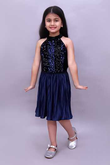 Buy_Lil Drama_Blue Knit, Polyester Sequins Top With Skirt _Online_at_Aza_Fashions