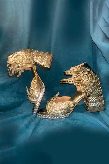 Shop_Chal Jooti_Gold Embroidery, Sequins, Stones, Crystals Sultana Secret Hand Block Heels _Online_at_Aza_Fashions
