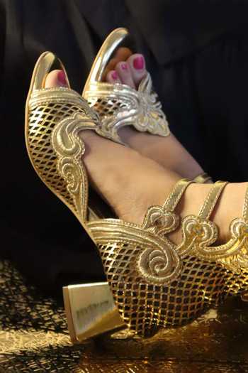 Chal Jooti_Gold Embroidery, Zari, Metallic Thread Cleopatra Block Heels _at_Aza_Fashions
